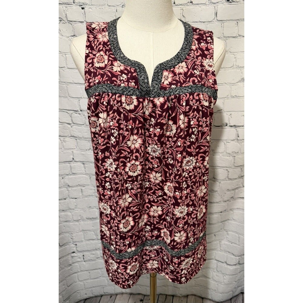 J. Jill burgundy and pink floral print sleeveless cotton top Size Large